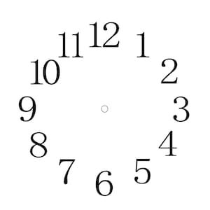 Peut inclure: Un cadran de montre blanc avec des chiffres noirs de 1 à 12 disposés en cercle. Les chiffres sont dans une police simple et épurée. Un petit point noir est au centre du cadran.