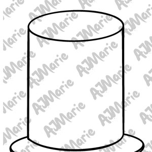May include: A black and white line drawing of a top hat. The hat has a tall, cylindrical crown and a wide, circular brim. The design is simple and clean, suitable for coloring or crafting projects.