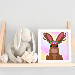 Nursery Art Fantasy Illustration, fairy tale, jackolope, flower crown, magical illustration, magical bunny, animal art, printable art, fairy