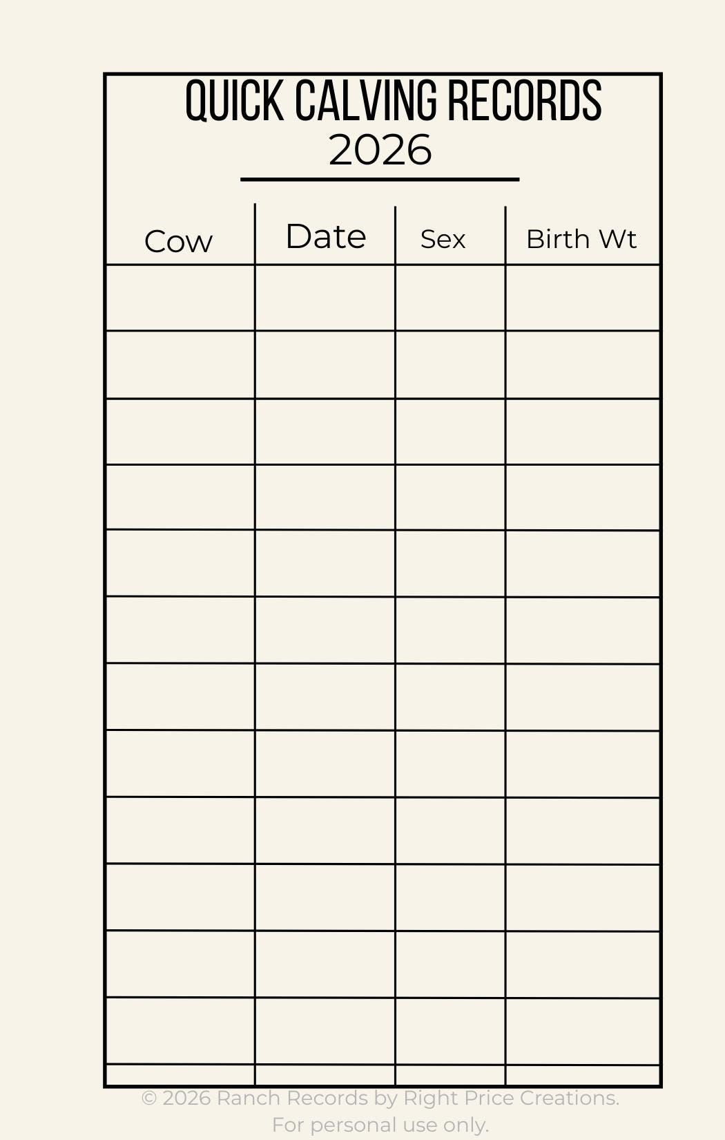 Ranch Records 2026 – Calving Records | Printable Cattle Log Book | 3.5 ...