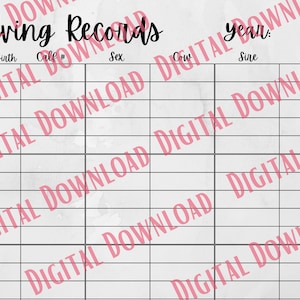 May include: A printable calving record sheet with headings for Date of Birth, Calf #, Sex, Cow, Sire, and Breed. The sheet is designed for recording information about calves born on a farm.