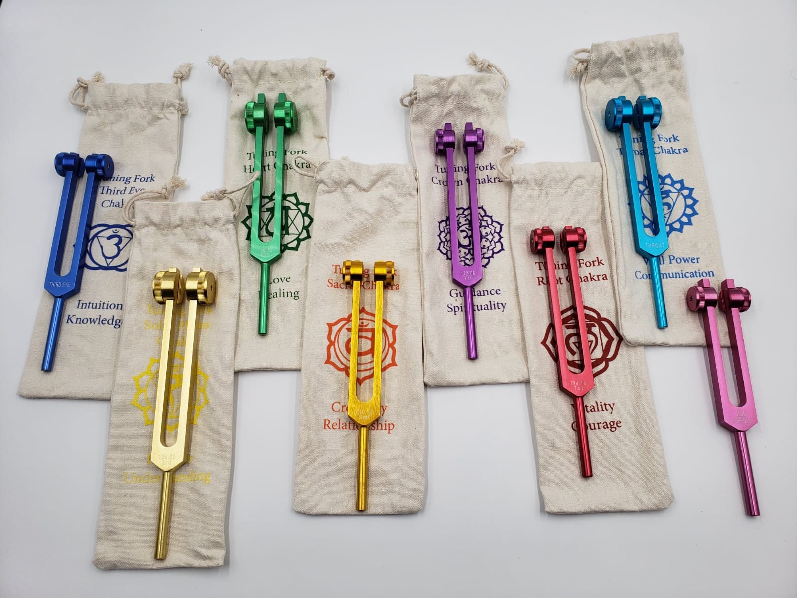 Chakra Tuning Fork Set of 8 COLOR WEIGHTED Healing with INDIVIDUALLY …