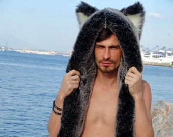 Handcrafted Wolf Hood with Faux Fur Ears and Paw Mittens  King of the Wolves