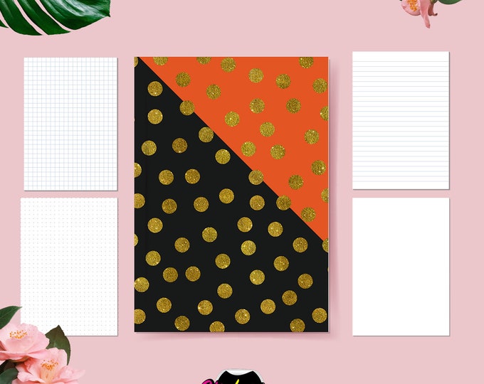 Handmade A5 Notebook: Gold Polka Dot, Orange & Black Cover