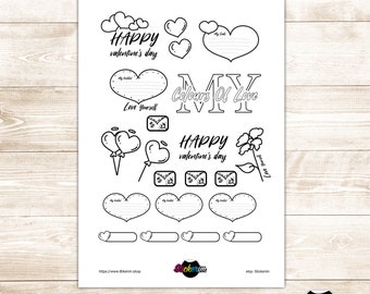 Może przedstawiać: Czarno-biała, drukowana arkusz naklejek na Walentynki z sercami, balonami, kopertami i tekstem "Happy Valentine's Day" i "My Colors of Love".