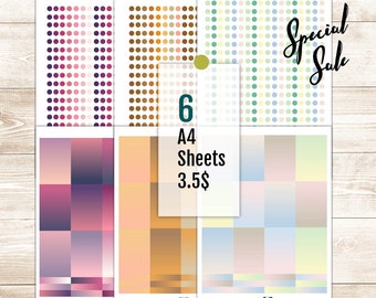 Może przedstawiać: Sześć arkuszy papieru A4 z wzorami w różnych kolorach i wzorach. Wzory obejmują kropki, kwadraty i gradienty. Papier jest idealny do scrapbookingu, tworzenia kartek i innych projektów rękodzielniczych.