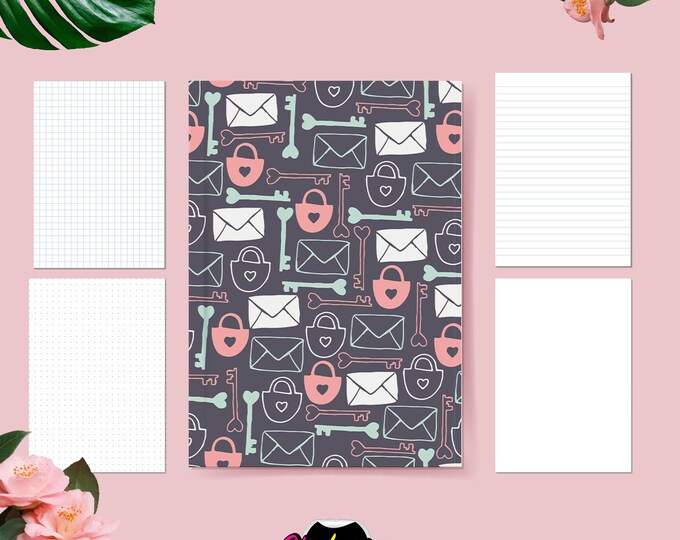Handmade A5 Notebook: Locks, Keys & Letters Pattern
