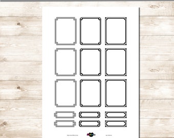 Może przedstawiać: Drukowana karta z 12 czarno-białymi liniami ozdobnymi do planera i scrapbookingu. Ramki są prostokątne z różnymi ozdobnymi detalami.