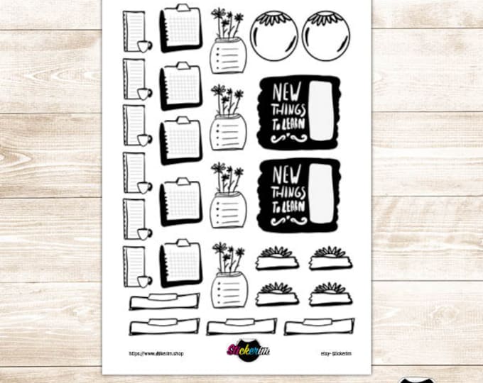 Doodle Task Stickers: Black and White Planner Stickers (PDF, PNG)