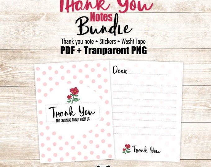 Rose Pink Thank You Card Bundle: Stickers & Washi Tape (Printable PDF/PNG)