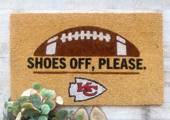Shoes Off Please Doormat | Kansas City Chiefs Welcome Mat | KC Football Fan Gift | Chiefs Kingdom Housewarming Decor | NFL Porch Rug