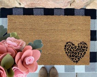 Leopard Print Heart Doormat | Cute Cheetah Animal Print Welcome Mat | Trendy Girly Front Porch Decor | Chic Housewarming Gift for Her | Rug