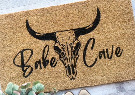 Babe Cave Doormat | Boho Bull Skull Welcome Mat | Western Bachelorette Party Decor | Girly She Shed Entryway Rug | Southwestern Gift Her