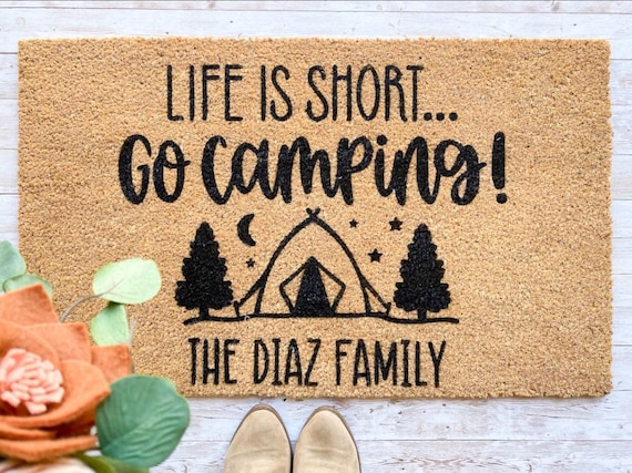 Life Is Short Go Camping Doormat | Personalized Camper Welcome Mat | Custom Family Name Rug | Outdoorsy Housewarming Gift | RV Decor