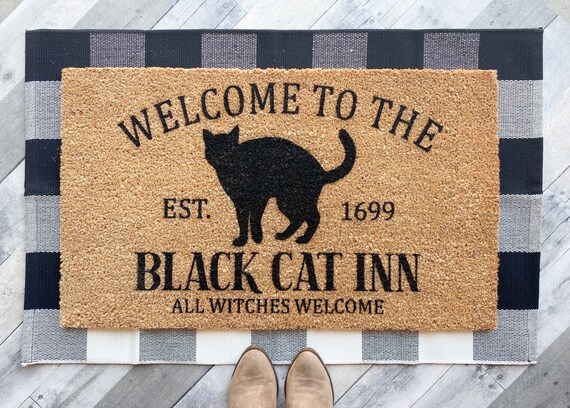 Black Cat Inn Doormat | All Witches Welcome Mat | Funny Halloween Decor | Witchy Welcome | Spooky Front Porch | Salem Cat Lover Gift