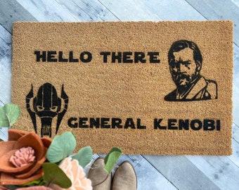 Hello There General Kenobi Doormat | Funny Star Wars Welcome Mat | Obi Wan Fan Art Gift | Geeky Housewarming Decor | Sci Fi Movie Rug