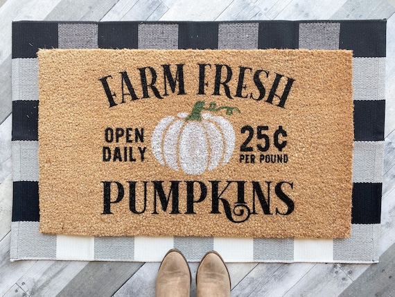Farm Fresh Pumpkins Doormat | Fall Welcome Mat | Farmhouse Porch Decor | Rustic Autumn Doormat | Thanksgiving Decor | Pumpkin Patch Gift