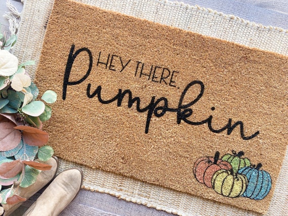 Hey There Pumpkin Doormat | Fall Welcome Mat | Cute Autumn Porch Decor | Colorful Pumpkin Mat | Thanksgiving Gift | Outdoor Coir Mat
