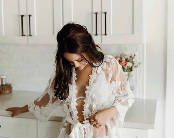 White Robe for Bride Mesh Lace Robe Bridal Lingerie Bridal Shower Gift Honeymoon Robe Wedding Robe Boudoir Robe Getting Ready Robe Wife Gift