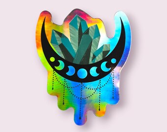 Moon and crystals witchy sticker | holographic vinyl | Waterproof, weather and fade resistant vinyl sticker