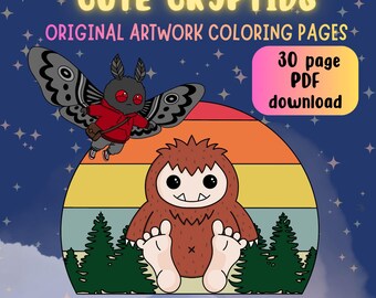 Cute Cryptids | Original Artwork Coloring Book | PDF Download | Mothman, Loch Ness Monster, Bigfoot, and more | Spooky, eerie, mythical