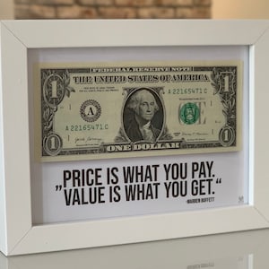 1 dollaro USA in cornice (bianco) Picture Money Gift Birthday Quote Warren Buffett