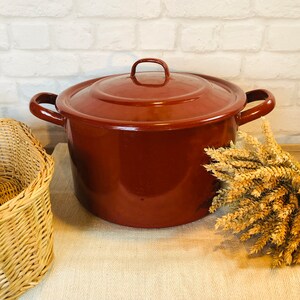 Op de afbeelding: Een grote, bruine emaille pot met een bijpassend deksel en twee handvatten aan de zijkant. De pot staat op een beige oppervlak, met een rieten mand en tarwearen op de achtergrond. De pot heeft een diameter van ongeveer 30 cm.