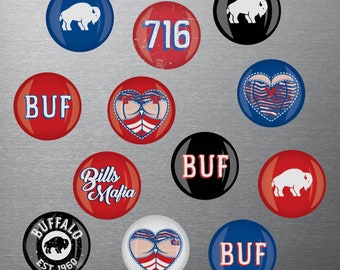 Imanes para refrigerador de Bills Mafia: ¡celebre Buffalo con imanes redondos de una pulgada con Bills Butts, Bills Mafia y famosos alimentos de Buffalo!
