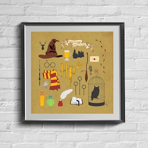 May include: A yellow and brown Harry Potter themed print with a variety of icons including a sorting hat, glasses, a wand, a scarf, a feather, a book, a cage with an owl, and the words "I solemnly swear I am up to no good".