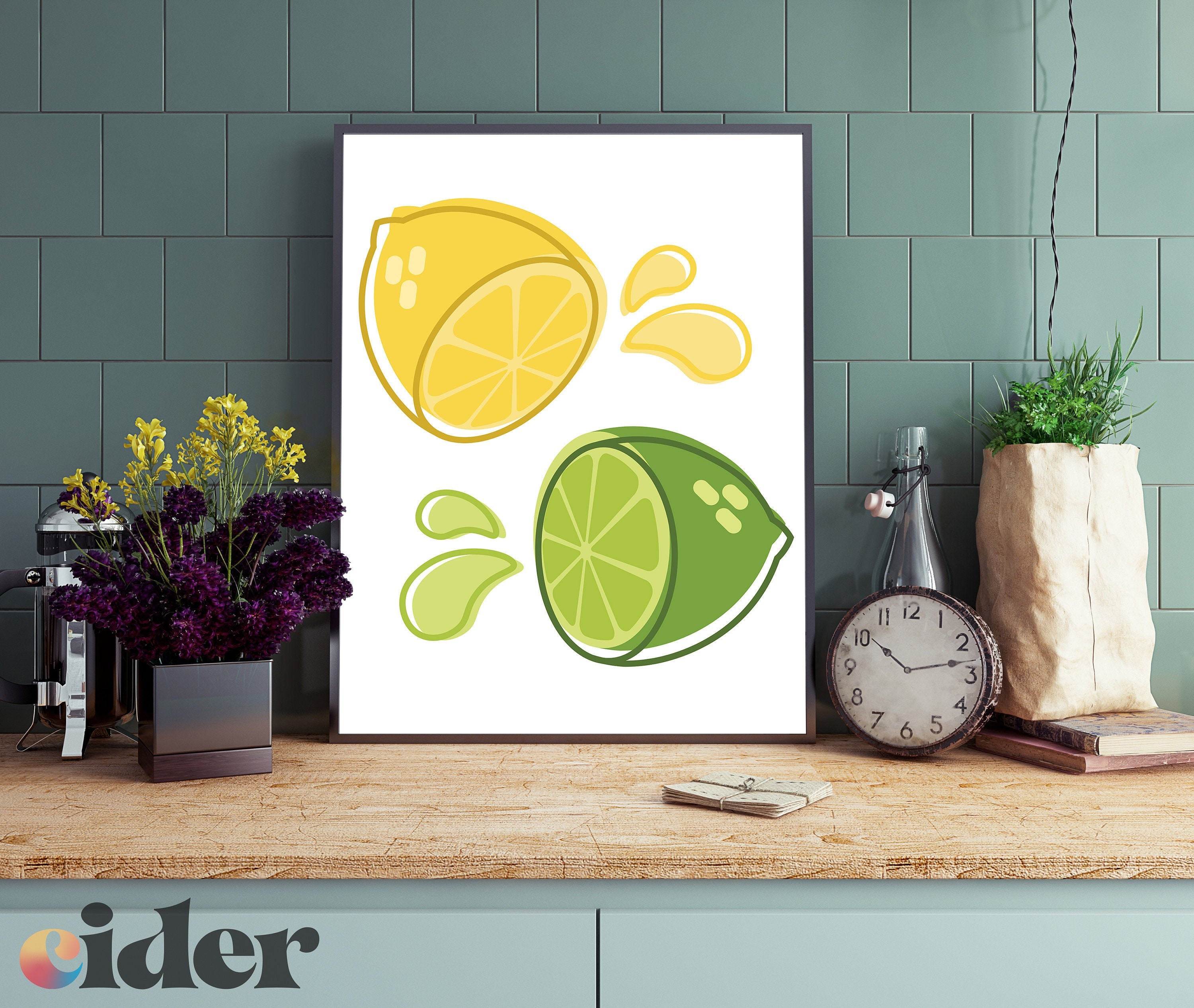 Lemon Print Lime Print Citrus Wall Art Printable Kitchen Etsy