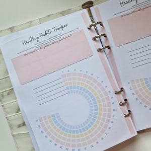 May include: A pink and white planner page with a section titled "Healthy Habits Tracker". The page includes a chart with a rainbow-colored circle and a list of numbers from 1 to 31. The text "Draw down all the habits you feel would help you in this moment" is written on the page.