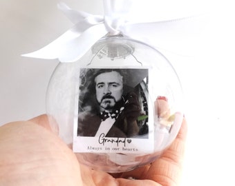 Personalised photo memorial bauble with feathers and poem | Christmas tree ornament | Memory keepsake for Christmas tree