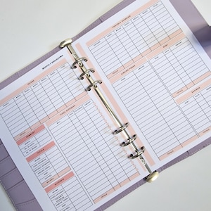 May include: A pink and white budget planner with a silver binder. The planner has sections for income, fixed expenses, variable spending, sinking funds, debt, and savings. It includes columns for dates, paychecks, amounts, and totals.
