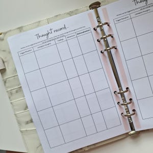 May include: A white planner page with a grid layout and the title "Thought record..."  The page is divided into columns labeled "Trigger/Situation", "Unhelpful thoughts", "Feelings", "Behaviours", and "Rationalisation".