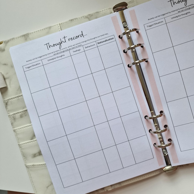 May include: A white planner page with a grid layout and the title "Thought record..."  The page is divided into columns labeled "Trigger/Situation", "Unhelpful thoughts", "Feelings", "Behaviours", and "Rationalisation".