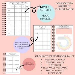 May include: A pink and white planner with a daily activity and mood tracker, a thought record section, and a healthy habits tracker. The planner also includes a monthly journal section. The planner is designed to help people track their thoughts, feelings, and habits.