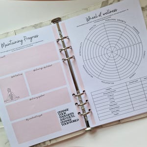 May include: A planner with a pink and white cover and a page with a wheel of wellness chart. The chart has categories for health, personal growth, spirituality, relationships, relaxation, career, finance, and family. The page also has a section for maintaining progress with prompts for what you want to see, what were big, unexpected wins, what are my aspirations, and my commitment to myself. The page also has the text "Change your thoughts and you'll change your world".