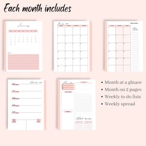 May include: A planner with a pink and white color scheme. Each month includes a monthly overview, a two-page monthly spread, weekly to-do lists, and a weekly spread.