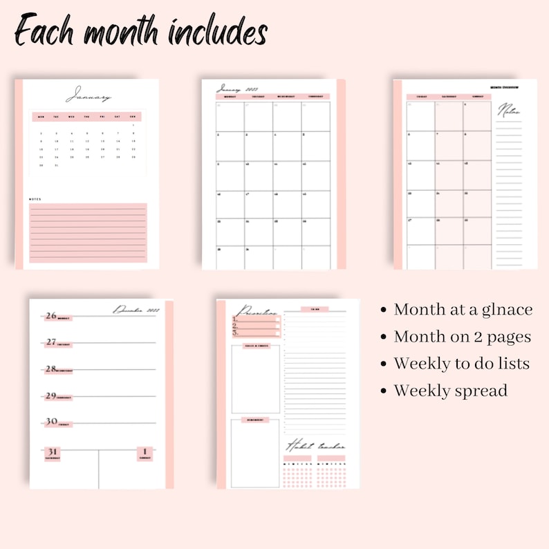 May include: A planner with a pink and white color scheme. Each month includes a monthly overview, a two-page monthly spread, weekly to-do lists, and a weekly spread.