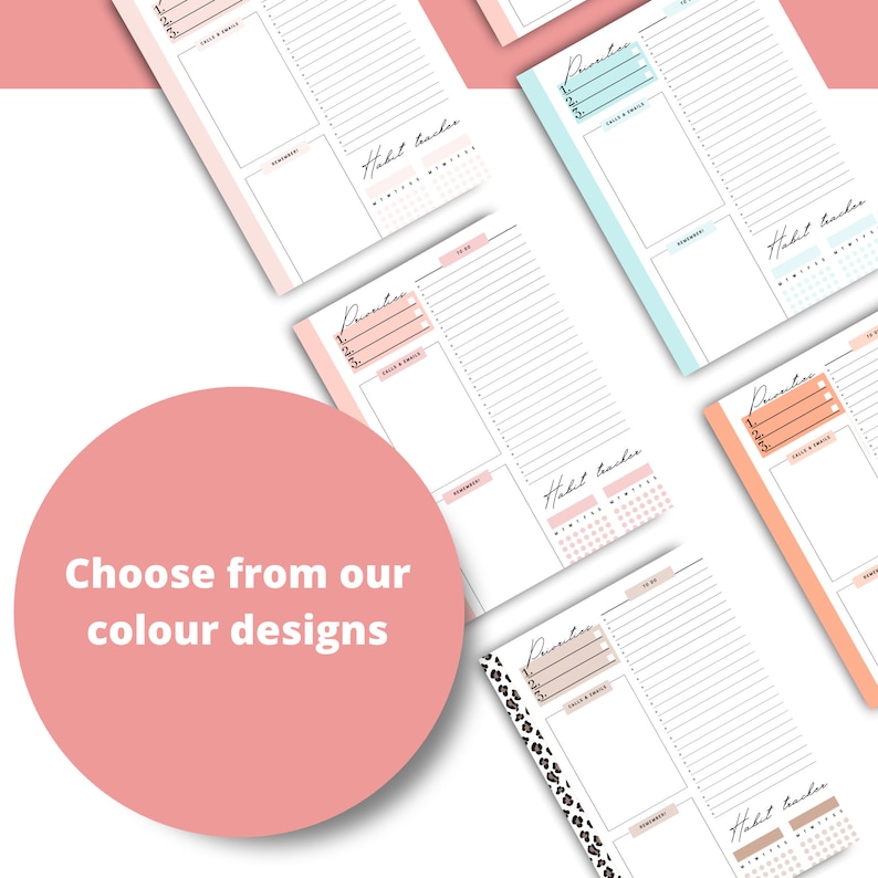 May include: Four different color designs of printable daily planner pages. Each page includes a section for priorities, a to-do list, a space for notes, and a habit tracker. The pages are designed with a minimalist aesthetic and feature a light pink, light blue, peach, and leopard print design.
