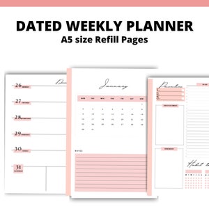 May include: A weekly planner with a pink and white color scheme. The planner has a calendar for January, a notes section, and a to-do list. The planner is A5 size and is designed for refilling.