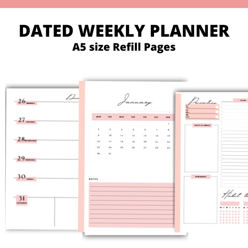 May include: A weekly planner with a pink and white color scheme. The planner has a calendar for January, a notes section, and a to-do list. The planner is A5 size and is designed for refilling.