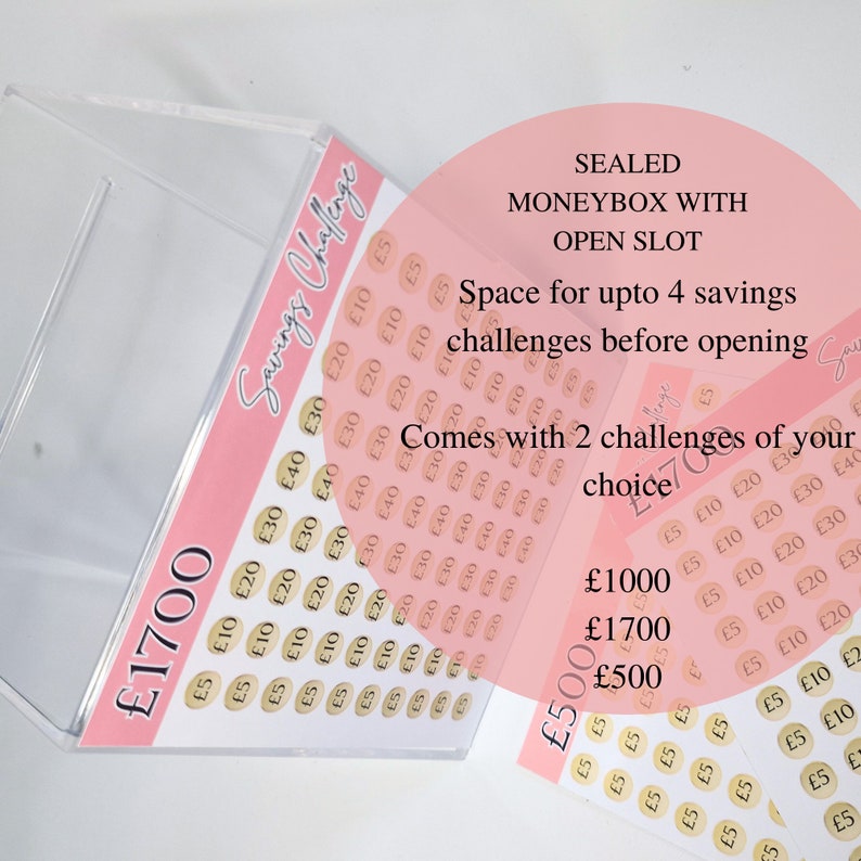 Acrylic Money box Savings Challenge with sealed money jar and Savings Challenge Stickers 1000, 500, 1700 image 2