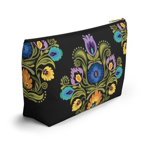 Bolsa com zíper para acessórios com estampa Wycinanki polonesa, bolsa para lápis de arte popular polonesa, estojo de viagem Boho preto - pequeno, grande