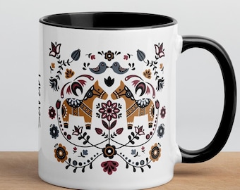 Spersonalizowany szwedzki kubek Dala Horse, skandynawski kubek do kawy Folk Art, kubek Nordic Hygee, kubek Cottagecore - Boże Narodzenie, prezent na Święto Dziękczynienia