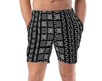 African Mud Cloth Recycled Men's swim trunks, Tribal Swim Shorts