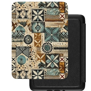 May include: A black e-reader case with a patterned cover. The cover features a patchwork design with geometric shapes, floral motifs, and a color palette of beige, brown, and teal. The case is open, revealing the e-reader.