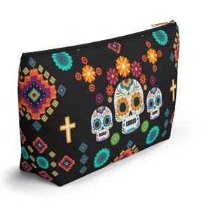 Bolsa com zíper para acessórios do Dia Mexicano dos Mortos, bolsa de lápis exclusiva para Halloween, estojo de viagem com caveira de açúcar - pequeno, grande