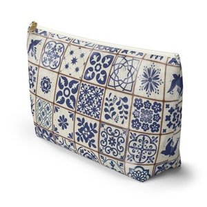 Bolsa com zíper para acessório com estampa de azulejo português, bolsa para lápis em mosaico cerâmico, bolsa de viagem Boho Azulejo - pequena, grande