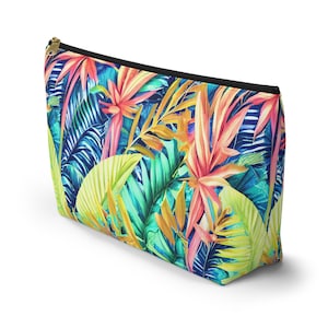 Bolsa com zíper para acessórios com estampa de folhas tropicais havaianas, bolsa para lápis boho, estojo de viagem com cores tropicais - pequeno, grande